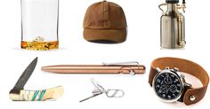 a collage of items including a watch, leather band, baseball cap, and beer