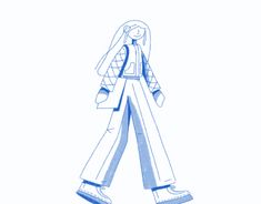 a drawing of a woman walking with her hand on her hip, wearing blue jeans and jacket