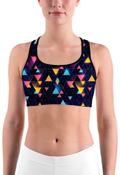 Neon Triangle Rave Sports bra Neon Triangle, Sports Bra Pattern, Red Sports Bra, Cube Pattern, Bra Pattern, White Camo, White Sports Bra, Womens Leggings, Sport Bh