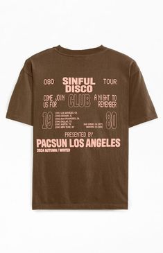 The PacSun Sinful Disco T-Shirt features a crew neckline, short sleeves, and a standard fit for a comfortable everyday look. With striking front and back graphics, this tee makes a bold statement and adds a touch of edgy style to your wardrobe.Crew necklineShort sleevesStandard fitFront and back graphicsMachine washable PacSun Mens Sinful Disco T-Shirt - Brown size Medium Brown Graphic Tee, Disco Club, Pacsun Mens, Merch Design, Edgy Style, Top Graphic Tees, Edgy Fashion, Design Inspo, Pacsun