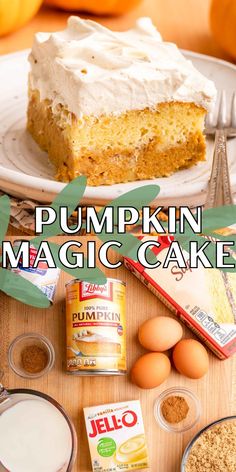 pumpkin magic cake with frosting and ingredients on the side, sitting on a table