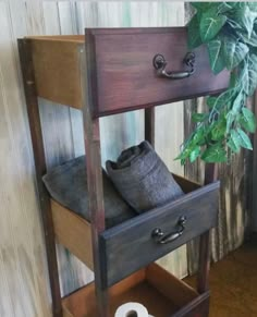 a wooden shelf holding two rolls of toilet paper and a potted plant on top of it