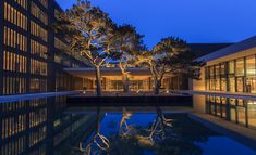 an outdoor swimming pool with trees and buildings in the background at night, lit up by lights