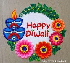 happy diwali with colorful flowers and candles