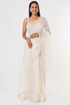 Ivory Embellished Saree Set Design by Kalighata at Pernia's Pop Up Shop 2022 Boston Wedding, Wedding Boston