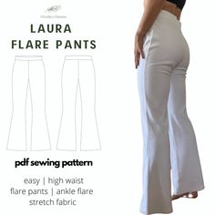 the front and back view of a women's flare pants with high waist, wide legs