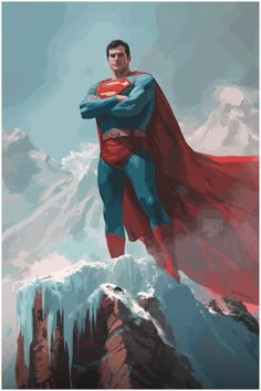 a man in a superman suit standing on top of a mountain