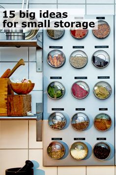 a wall mounted spice rack filled with spices