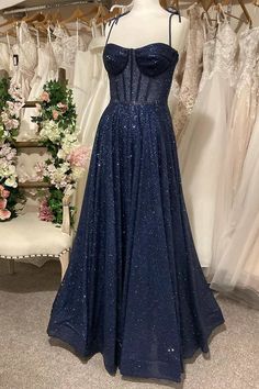 Princess Navy Sequin Tie-Strap A-Line Prom Dress A Line Navy Dress, Navy Blue Hoco Dress Long, Dark Blue Prom Dress Corset, Sparkly Midnight Blue Dress, Sparkly Navy Blue Prom Dress, Sparkling Blue Dress, Midnight Blue Prom Dress Aesthetic, Midnight Garden Theme Prom Dresses, Navy A Line Dress