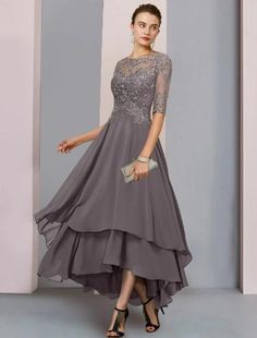 A-Line Mother of the Bride Dress Formal Wedding Guest Elegant Scoop Neck Asymmetrical Tea Length Chiffon Lace 3/4 Length Sleeve with Beading Tier Appliques Bride Dress Lace, Mother Of Bride Outfits, Mother Of The Bride Dresses Long, Mother Of The Bride Gown, Mother Of Groom Dresses, Evening Party Gowns, Mob Dresses, Chiffon Evening Dresses, Ankle Length Dress