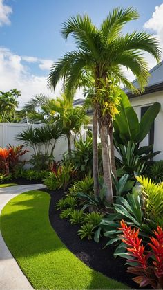 a tropical garden with palm trees, grass and other plants in front of a house