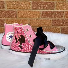 Barbie Custom Shoes - KolorfulKidzCustoms Classic Barbie, Barbie Shoes, Barbie Theme, Pink Converse, Shoes For Kids, Barbie Birthday, Shoes Pink, Purple Stones, A Princess