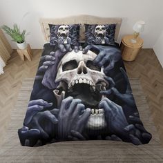 a bed with a skull and two skulls on it