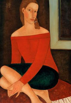 a painting of a woman sitting on a bed