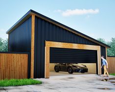 a man walking towards a car in a garage