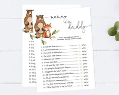 a printable baby shower game with two bears and a fox sitting on top of it