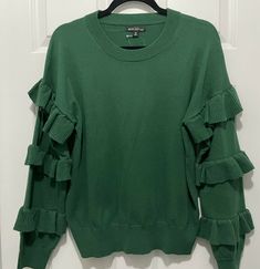 J Crew Mercantile Women Green Wool-Blend Ruffle Sleeves Pullover Sweater Size Medium . Condition is "New with tags". Shipped with USPS Priority Mail. A classic sweater + ruffly sleeves = how to have fun getting dressed. - Length 25" - Crewneck - Long sleeves - Rib trim at neck, cuffs and hem. Fiber Content: 50% Wool, 30% Acrylic, 20% Nylon Care: Dry Clean Ruffle Sweater, Classic Sweater, Getting Dressed, Green Wool, Ruffle Sleeves, Get Dressed, Pullover Sweater, Priority Mail, Pullover Sweaters