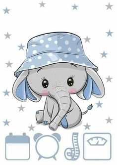 an elephant wearing a blue hat with stars on it's head and the caption says