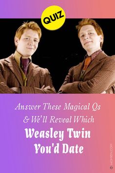 two men in suits standing next to each other with the caption, answer these marginal q's and we'll reveal which weasely twin you'd date