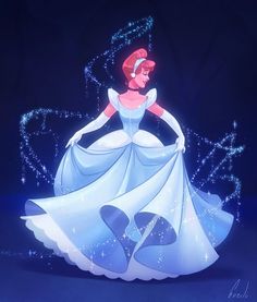 an animated image of a woman in a blue dress with snowflakes around her