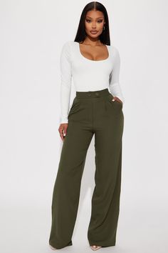 Available In Olive And Mustard. Trouser Pant High Rise 2 Button Detail Front Pleats Invisible Back Zipper Hand Pockets Straight Leg Non Stretch Disclaimer: To Keep The Aesthetic Of This Garment, Please Follow The Care Instructions Carefully. 95% Polyester 5% Spandex Imported | Feeling Focused Trouser in Olive Green size Large by Fashion Nova Olive Green Flare Pants Outfit, Soft Woman, Mass Appeal, Olive Fashion, Wardrobe Capsule, Dinner Dress Classy, Stylish Work Attire, Work Jeans, Corporate Outfits