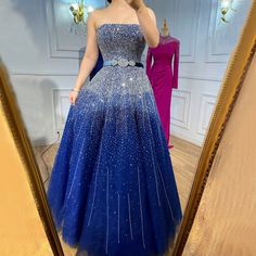 Blue Strapless Evening Dress: 2024 A-Line Luxury Gown with Beaded Bling for Women's Party Luxury Gown, Strapless Evening Dress, Dress 2024, Dress Design, Ladies Party, Blue Hues, Boat Neck, Body Types, Evening Dress