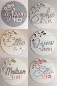 six wooden signs with flowers on them in different colors and sizes, including the names of each