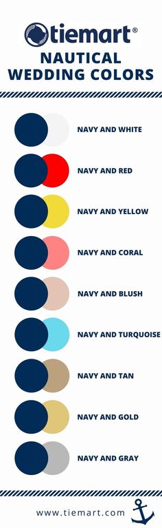 the naval wedding colors chart for navy and red, navy and yellow, navy and white