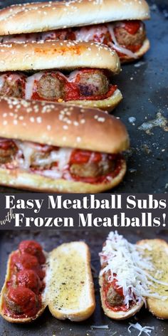 three meatball subs with frozen meatballs on them and the title says easy meatball subs with frozen meatballs