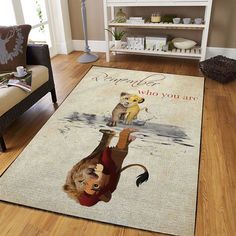 a living room area rug with an image of a lion on the floor and a quote that says, whatever is who you are