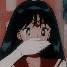 an anime character with long black hair and big eyes covers her mouth while looking at the camera