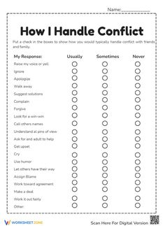 Get to know how to deal with conflict with this worksheet right now! Rate yourself and complete this task on a printable or in google apps. #worksheet #conflictresolution #socialskills #handleconflicts #behavioractivities #rating #freeprintable #worksheetforkid What I Have Control Over, Rate Yourself, Therapy Communication Activities, Psychology Worksheets, Fun Group Therapy Activities Adults, Dbt Worksheet, Dbt Activities For Teens, Dealing With Conflict, Mindfulness Worksheets