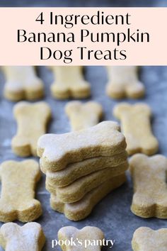 four ingredient banana pumpkin dog treats on a baking sheet with text overlay that reads, 4 ingredient banana pumpkin dog treats