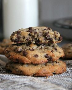 chocolate chip cookies stacked on top of each other