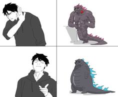 four different pictures of godzillas with one holding his hand up to his ear and the other pointing