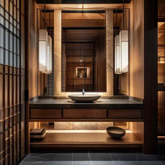 31 Fusion Bathroom Designs: Exploring Japandi and Contemporary Elements Japanese Aesthetic Bathroom, Japanese Restroom Design, Japanese Toilet Design, Japandi Restroom Design, Japanese Restaurant Bathroom, Toilet Japanese Style, Dark Japanese Bathroom, Modern Japanese Bathroom