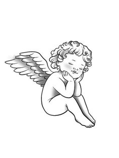 an angel sitting on the ground with its hands under his chin and eyes closed, looking down