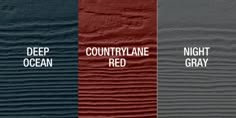 four different colors of wood with the words countrylane red, night gray and deep ocean