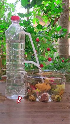 a bottle of water sitting on top of a wooden table next to a container filled with fruit