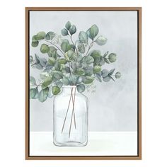 a painting of green leaves in a mason jar