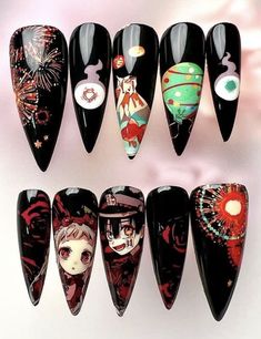 Manhwa Nails, Chainsaw Man Nails, Anime Themed Nails, Cartoon Nail Designs, Anime Nail, Kawaii Nail Art, Nail Tip Designs, Witchy Nails