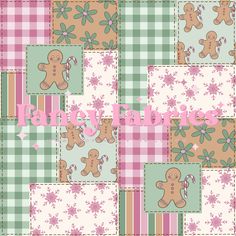 a patchwork quilt with gingerbreads and snowflakes on the bottom, in pastel colors