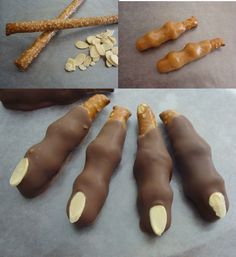 four pictures showing different stages of making peanut butter pretzels with chocolate and almonds