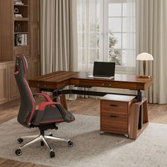 an office desk with a chair and laptop on it