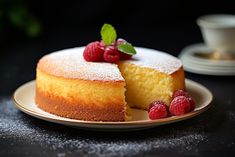 a cake on a plate with raspberries and powdered sugar