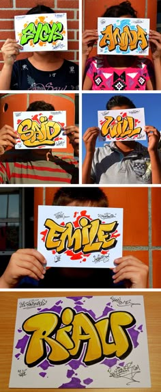 four different pictures of kids holding up signs with graffiti on them and the words rad