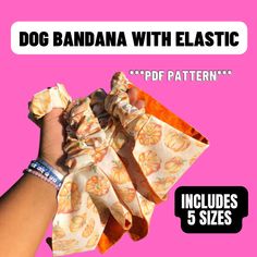 a hand holding up a bow with the words dog bandana with elastic