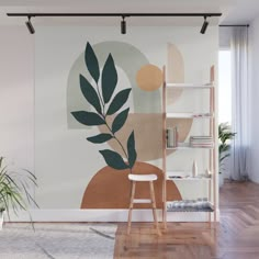 a living room with a plant on the wall