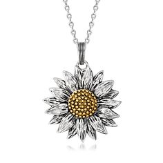 PRICES MAY VARY. Sterling silver and 14kt gold, necklace for women. Chain size - 1.5 mm. Springring clasp for safety and security. Textured and polished sterling silver and 14kt gold. Includes jewelry presentation box. Established in 1952, Ross-Simons brings jewelry classics into the modern era. Stand tall and bloom! Our happy sunflower pendant necklace is highly detailed in sterling silver and 14kt yellow gold. Suspends from a classic cable chain with a 2" extender. Oxidized, textured and polis Sunflower Necklace Silver, Happy Sunflower, Pretty Jewelry Necklaces, Sunflower Pendant, Sunflower Necklace, Pretty Jewelry, Fine Jewels, Stand Tall, Fine Jewellery Necklace