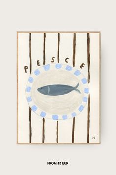 a fish on a plate with the words pesce written in blue and white